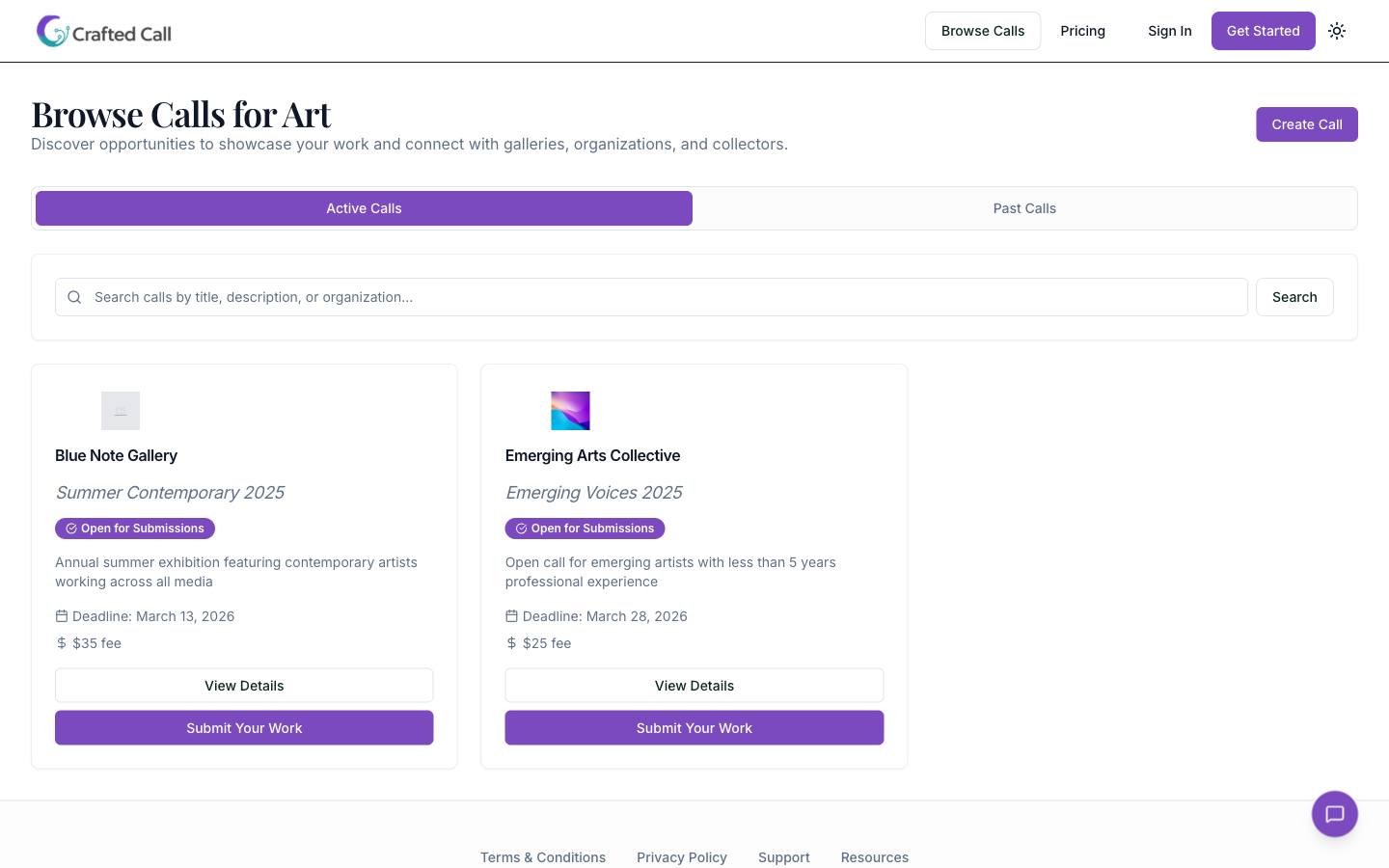 Browse open calls page